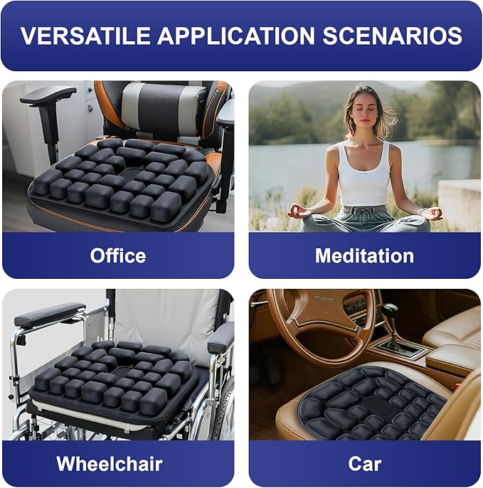 Seat Cushion, Inflatable Wheelchair Cushion for Pressure Relief, Adjustable Air Seat Cushion for Office Chair, Car, Travel - Portable, Gel & Air Cell Support for Back Pain & Sciatica