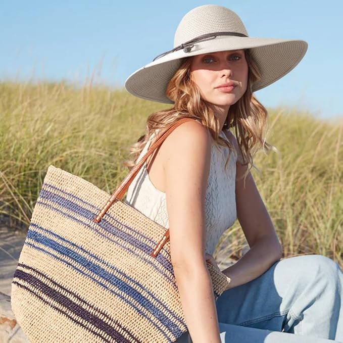DRESHOW Beach Hats for Women Big Straw Wide Brim Summer Hat Floppy Foldable Roll up Cap Sun Hat UPF 50+