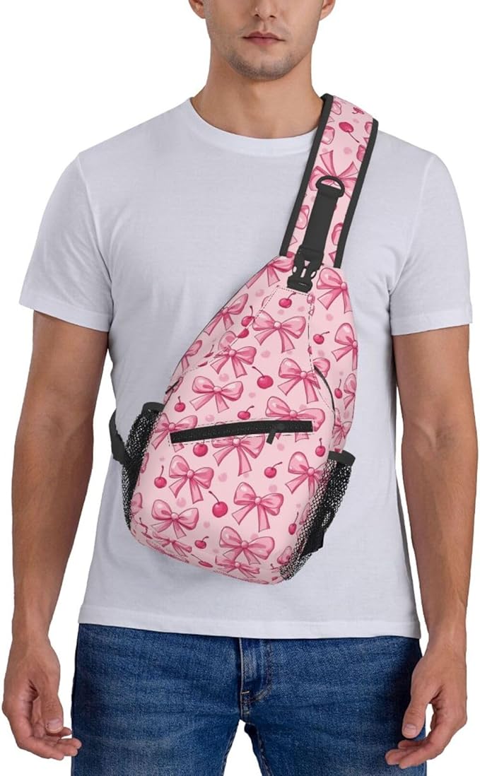 SUPLUCHOM Sling Bag Pink Bows Cherry Hiking Daypack Crossbody Shoulder Backpack Travel Chest Pack for Men Women