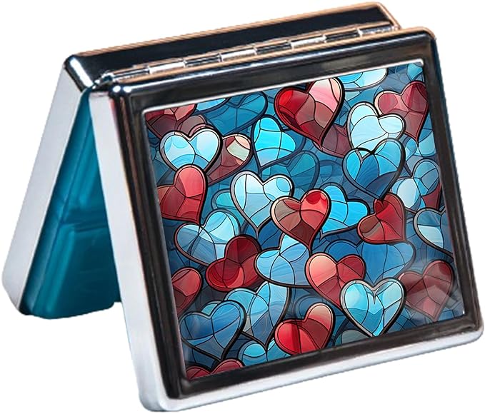 Silver Vintage Pill Box 7 Day Metal Pill Box with Mirror and 8 Compartments Cute Travel Pill Organizer for Purse (Colorful Heart)