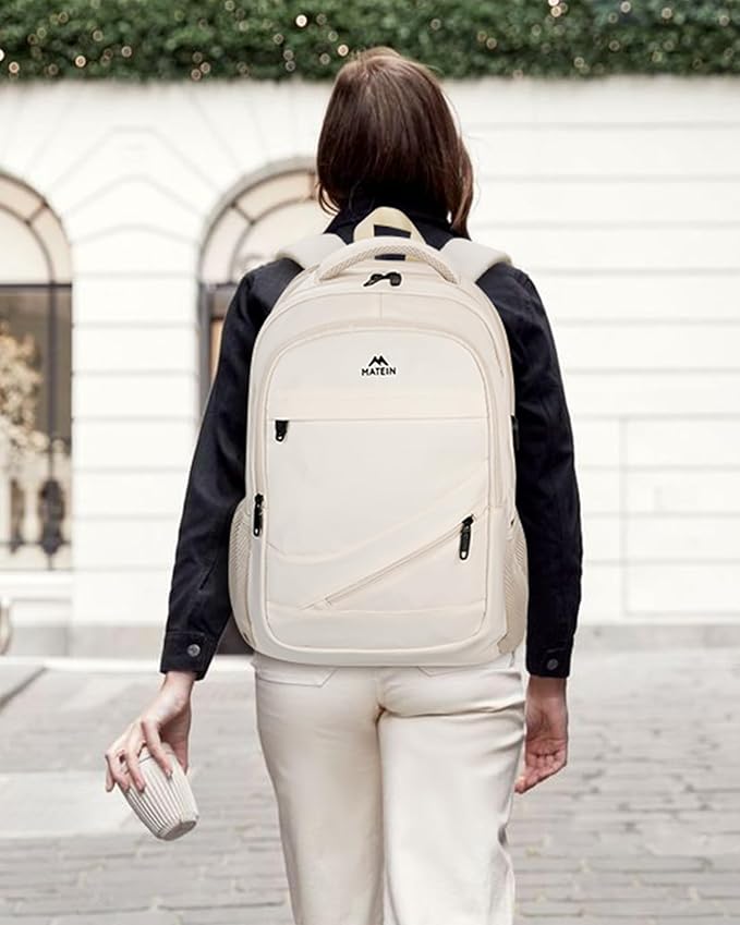 MATEIN 17 Inch Laptop Bookbag for Women, College School Backpack Large Capacity with USB Port & Luggage Strap, Water Resistant Padded Computer Backpack TSA Approved for Nurse Work Travel, Beige