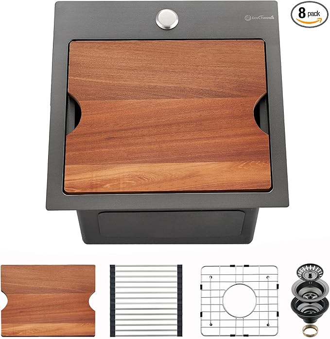 Kitchen Sink, 15 x 15 x 10 inch Kitchen Sinks Small Bar Prep Sink 16 Gauge Gunmetal Black Drop in Kitchen Sink Single Bowl Workstation Sink with Cutting Board