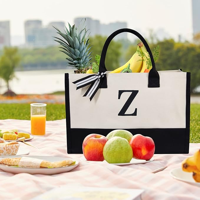 TOPDesign Embroidery Initial Canvas Tote Bag, Personalized Present Bag, Suitable for Wedding, Birthday, Beach, Holiday, is a Great Gift for Women, Mom, Teachers, Friends, Bridesmaids (Letter Z)