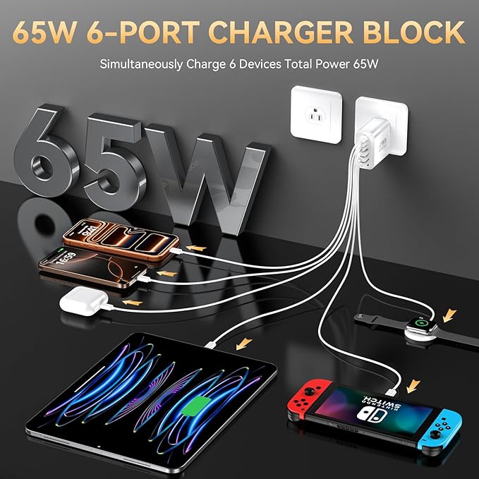 USB C Fast Charger Block, iPhone Charger Fast Charging Blocks 65W Multi Port Charger 6-Ports PD & QC Charging Cube Brick Power Adapter Type C Wall Chargers for iPhone 17/16/15/14/13/12 Pro Max, iPad