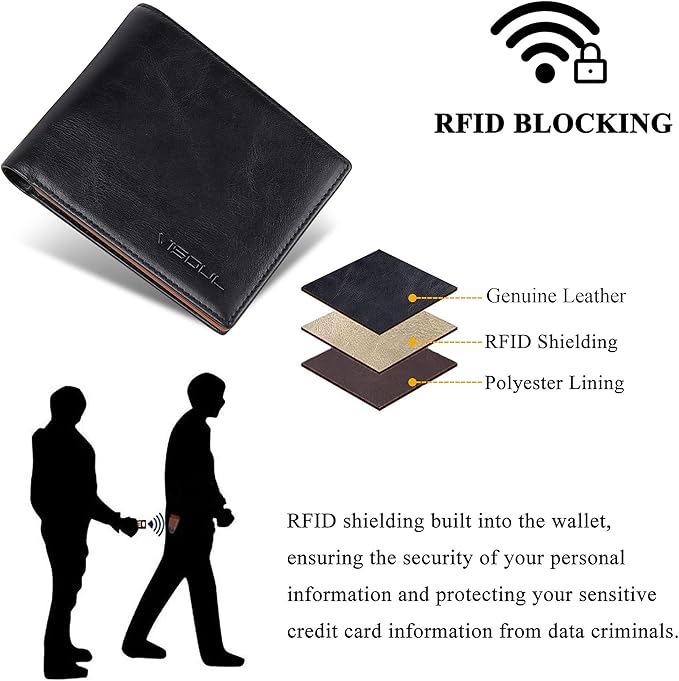 VISOUL Mens Bifold Wallet with 2 ID Windows and 2 Money Compartments, Genuine Leather Designer Wallet with RFID Blocking, Stylish Two-tone Back Wallet for Men (Black and Orange)