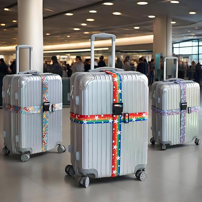 Rainbow Stars Luggage Straps for Suitcases, Adjustable Luggage Travel Belt to Keep Luggage Security While Travel, Strong Polyester Fabric, Easy-to-Recognize Funny Pattern Travel Essentials, 2 Pack