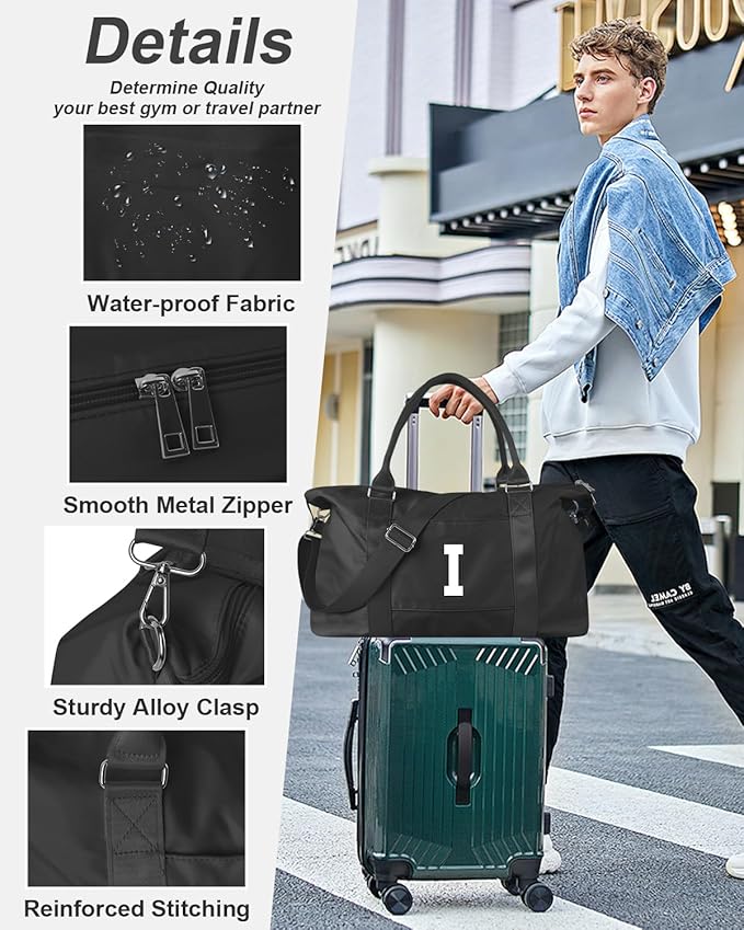 Initial Travel Duffel Bag Sports Gym Bag for Boys Teen Birthday Gifts,Black Personalized Weekender Bag Carry On Tote Bags for Men,Waterproof Overnight Luggage Bag Airplane Travel Essentials(Letter I)