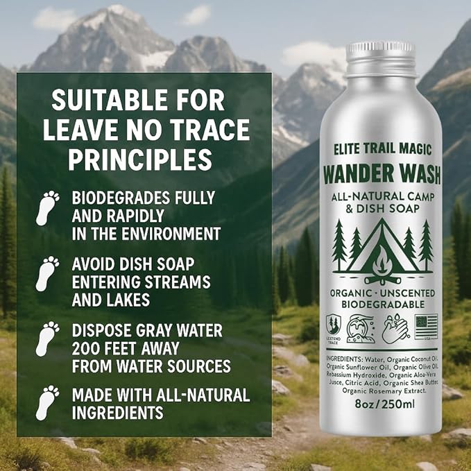 Wander Wash -Biodegradable Camp & Dish Soap Unscented | Made in USA | Organic All-Purpose Camping Gel Soap for Dishes, Hands & Gear – Eco-Friendly Reusable Aluminum Bottle | (8oz) (8floz/250ml)