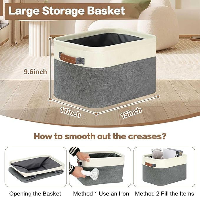 GhvyenntteS Large Fabric Storage Baskets for Shelves with Metal Frame Opening & Hard Bottom Board, Collapsible Fabric Storage Bins for Shelves with Handles (15x11x9.6 Inch, 3 Pack, Grey)
