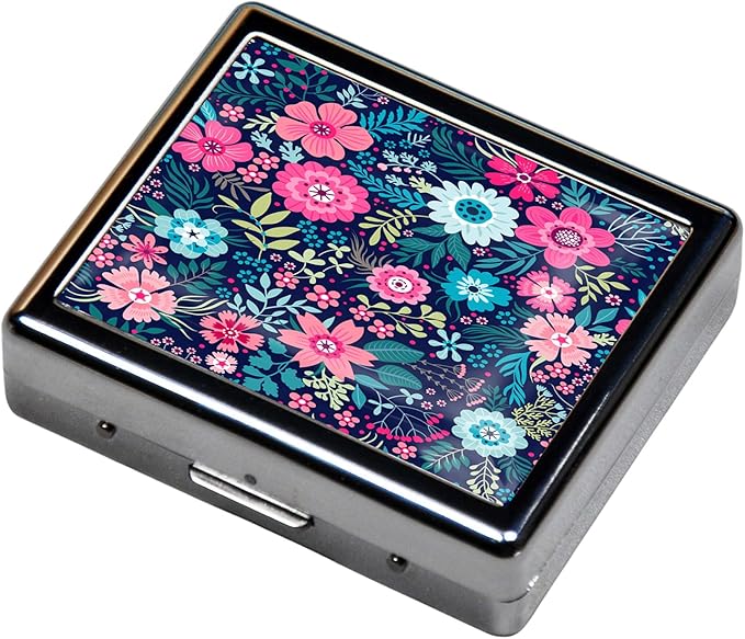 Silver Vintage Pill Box 7 Day Metal Pill Box with Mirror and 8 Compartments Cute Travel Pill Organizer for Purse (Colorful Floral Pattern)