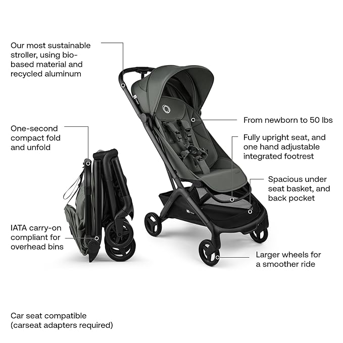 Bugaboo Butterfly 2 Travel Stroller, Ultra-Compact One-Second Fold, Lightweight and Airplane-Friendly (Green)