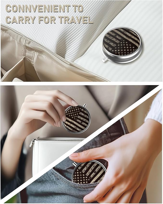 Pill Box, 3 Compartment Portable Travel Medicine Box with Mirror, Compact and Cute, Fits in Purse and Pocket, Medicine and Vitamin Organizer (American Flag)
