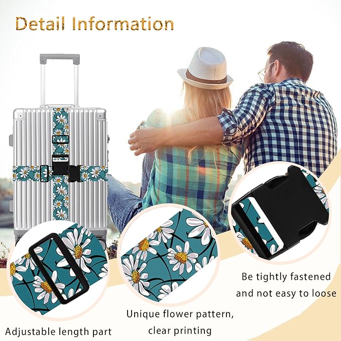 White Daisy Luggage Straps for Suitcases TSA Approved, Luggage Identifiers for Suitcase, Adjustable Suitcase Strap for Baggage Security with Cute Patten, Travel Necessary Accessories (2 Pack)