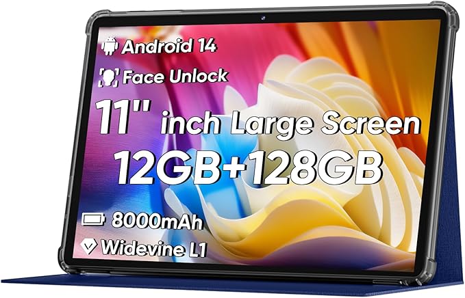 2025 Upgraded Android 14 Tablet, 11inch Tablet PC,Support Face Unlock, Octa-core CPU,12GB+128GB+1TB Expand, 8000mAh Big Battery, 18W Fast Charging, WiFi6, BT5.0,Touchscreen Display Tableta with Case