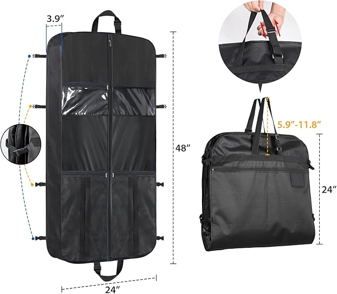 Zilink 48 Inch Garment Bags for Travel Heavy Duty Travel Suit Bag for Men Women with Buckles & Shoulder Strap Garment Bags for Hanging Clothes, Black