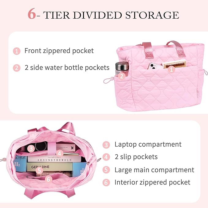TOPEAST Tote Bag for Women, Large Puffer Tote Bag with Zipper, Lightweight Work Bags for Women, Quilted Bags for Nurse Travel