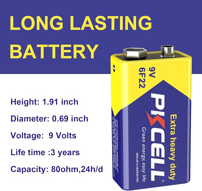 PKCELL 9V Battery Carbon Zinc for Smoke Detectors 6F22 Battery, 10-Year Shelf Life，Ultra Long-Lasting(16PCS)