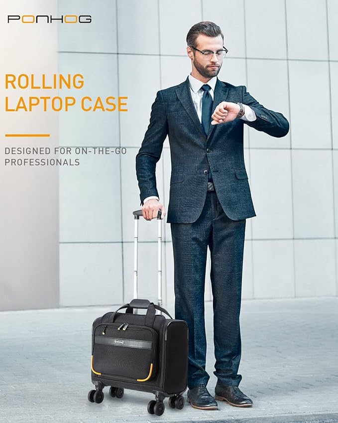 Rolling Laptop Bag, Rolling Briefcase with 4 Spinner Wheels, 13 Inch 1680D Nylon Water Resistant Computer Bag for Men and Women Work Travel, Black