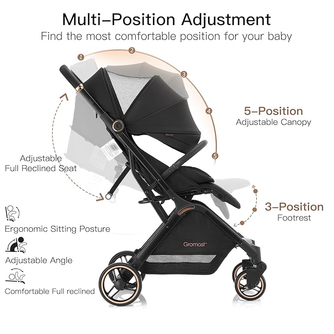 Gravity Folding Baby Stroller - Portable Travel Toddler Stroller w/Adjustable Backrest & Canopy, Lightweight and UV Protected, One-Hand Automatic Folding - Black