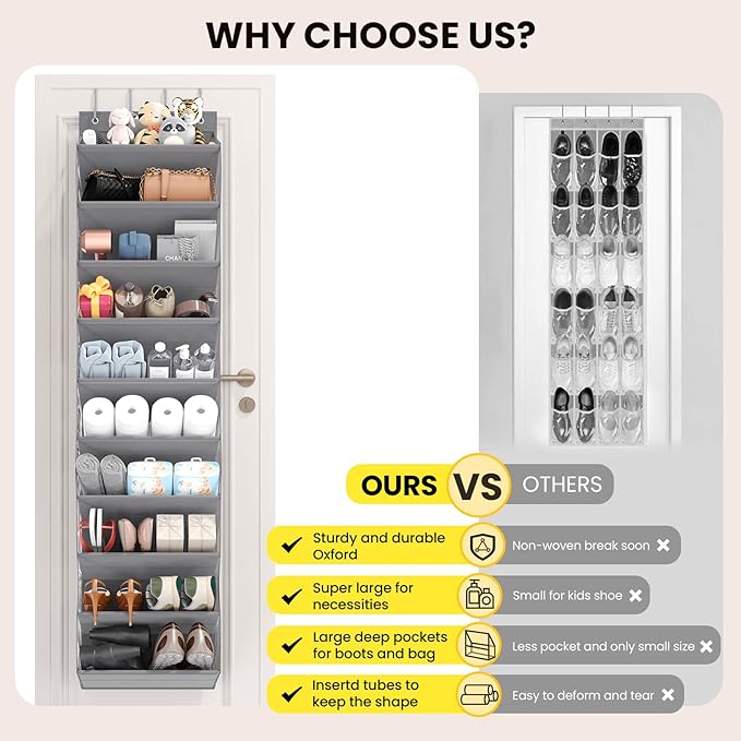 Over the Door Shoe Organizer for Closet, Shoes Rack with 10 Tier PVC Window Deep Pockets, Hanging Shoe Organizers for Boot Storage, Behind the Door Narrow Shoe Holder for Small Shoes, Grey