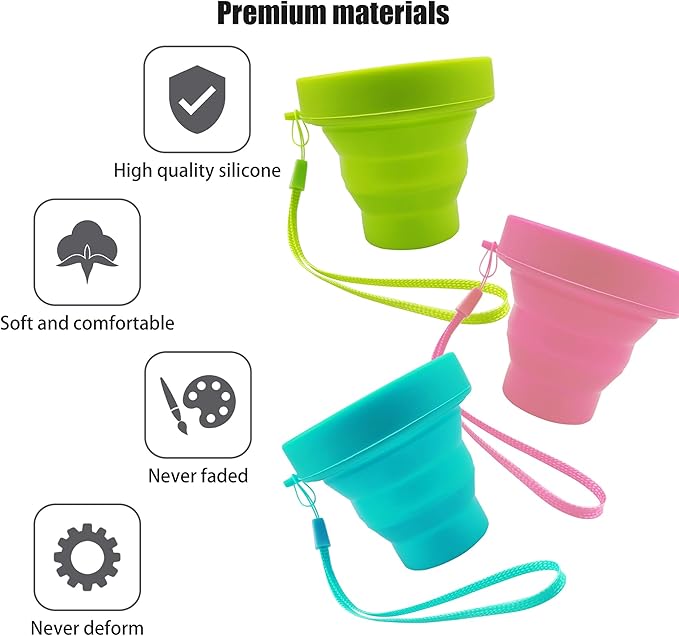 Silicone Collapsible Water Cup,Outdoor Folding Reusable Mug with Lid Lanyard,Camping Travel Hiking Expandable Drinking Jug,Portable BPA Free Food Grade Container,170ml/6oz(3pcs)