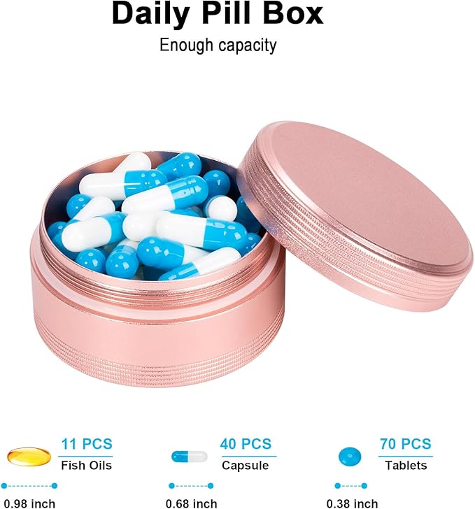 Metal Pill Container Pill Case - Waterproof Pill Box for Daily Travel, Single Pill Hplder for Pocket Purse, Portable Medicine Organizer, Ideal for Medication Fish Oils, Unique Gift Pink
