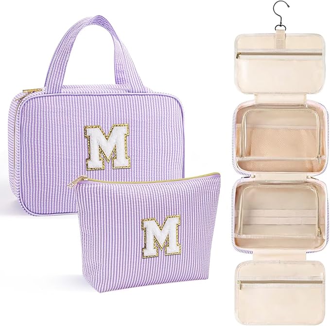 YOOLIFE Birthday Gifts for Women Teen Girls - Hanging Toiletry Bag Initial Makeup Bag, Personalized Large Toiletry Bag, Gifts for Women Teen Girls Daughter Sister - Letter M, Purple