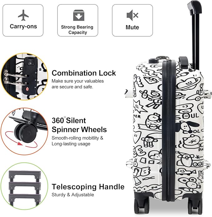 Apelila DIY Coloring Ride On Suitcase for Kids Ages 4-8, 22 Inch Graffiti Rolling Luggage with Spinner Wheels & Safety Belt, Lightweight Travel Checked Suitcase with Combination Lock