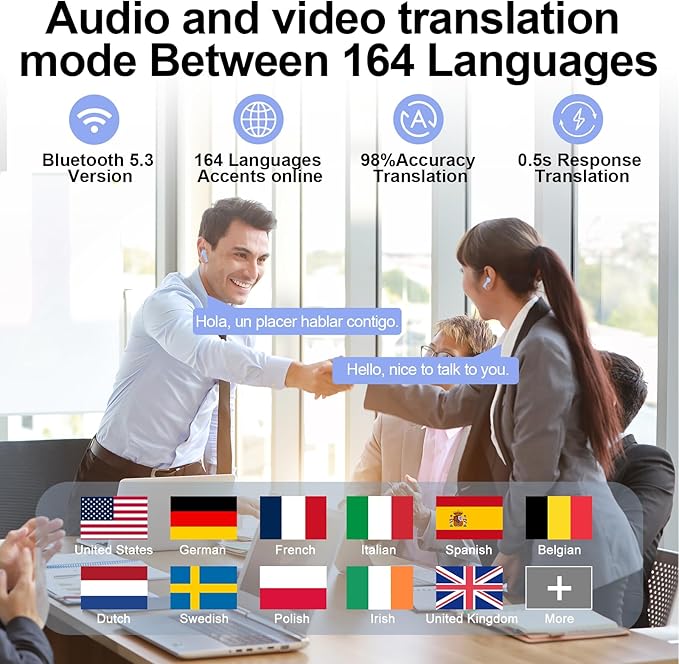 AI Translation Earbuds Real Time with Audio and Video Calls, 3-in-1 Language Translator Earbuds,164 Languages, 7 Translation Modes, 32H Buletooth 5.3 Headphones with Translating Device Blue