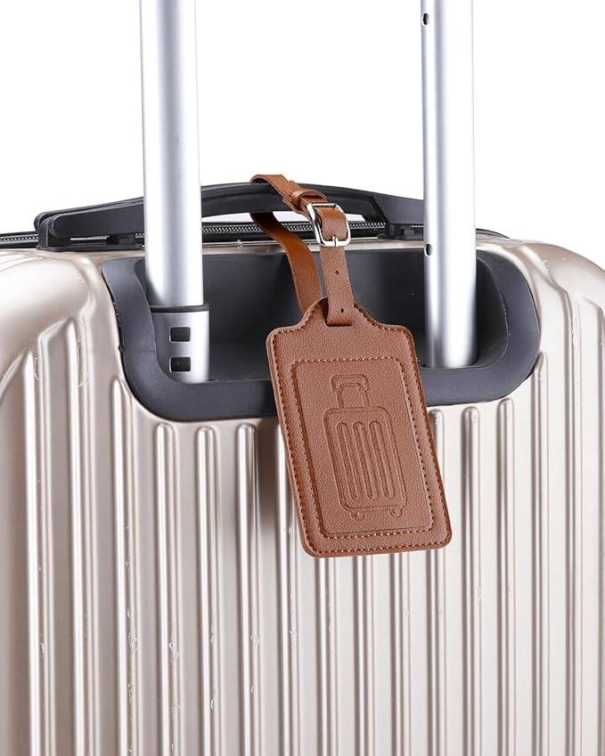 Teskyer Luggage Tags for Suitcases, TSA Approved with Privacy Protection Cover, Premium Faux Leather Bag Tags for Travel - 4 Pack, Brown