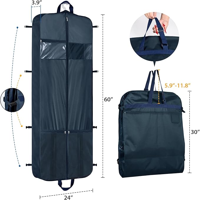 Zilink 60" Garment Bags for Travel Dress Travel Bag for Closet Storage Fur Coat Storage Bag with Adjustable Handles and Stable Buckles for Suits, Dresses, Navy Blue