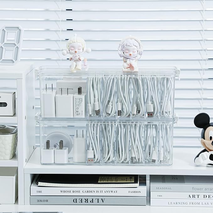 Yesesion 4 Pack Clear Cable Storage Box for Desk Drawer, Plastic Cord Organizer with Lid for Wire Ties, Electronics Accessories, Phone Charger, Art Crafts, Pencils, Marker Pen, Crayons Holder
