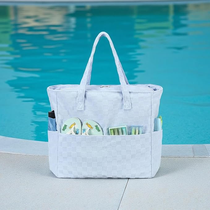 LEDAOU Large Beach Tote Bag Women Waterproof Sandproof Zipper Beach Tote Bag for Pool Gym Grocery Travel with Wet Pocket