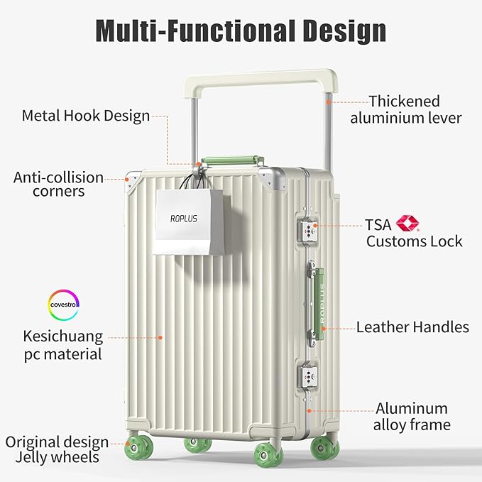 Aluminium Frame Carry on Luggage with Smooth Jelly Wheels, Hardside Zipperless Rolling Suitcase with TSA Lock (WhiteGreen, 21-Inch)