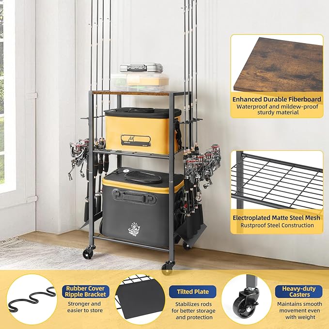Olakee Fishing Rod Holder, Fishing Pole Holders for Garage Boat Home Entryway Fishing Gear Storage with Tackle Cart Ideal Gift for Men Dad Anglers Corner Design for Rods and Equipment Organizers