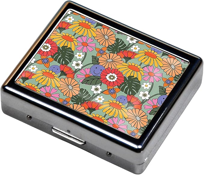 Silver Vintage Pill Box 7 Day Metal Pill Box with Mirror and 8 Compartments Cute Travel Pill Organizer for Purse (Retro Summer Floral)