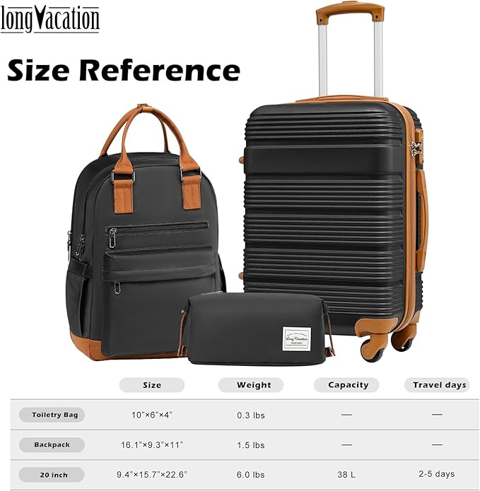 LONG VACATION 3 Piece Carry On Luggage 20 Inch Suitcase with Spinner Wheels, ABS+PC Hardshell Suitcase set with TSA Lock & YKK Zipper