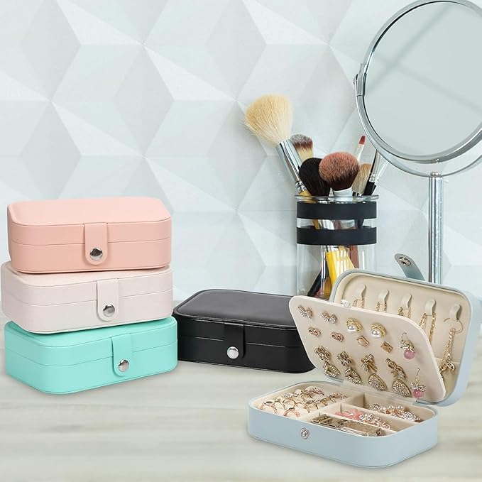 Travel Jewelry Box, PU leather Small Jewelry Organizer For Female Girls, double layer portable mini travel case for storing earrings, rings, necklaces.(blue 2pcs)