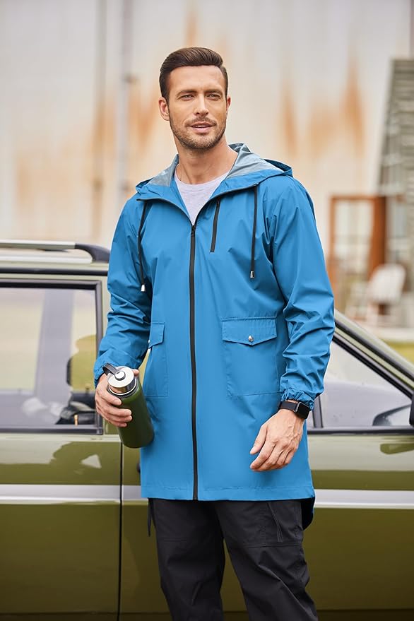 COOFANDY Men's Long Raincoat Ligtweight Rain Jacket Waterproof Outdoor Jackets with Hood