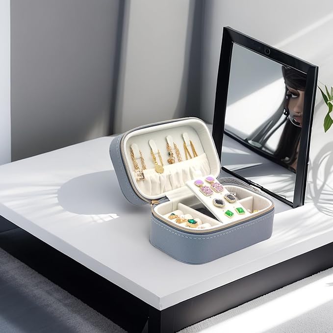 Small Jewelry Travel Case For Womens Small Rectangle PU Leather Jewelry Box With Zipper 2.56" H Portable Travel Jewelry Case For Earring Rings Necklaces Bracelets Blue Jewelry Gifts Box