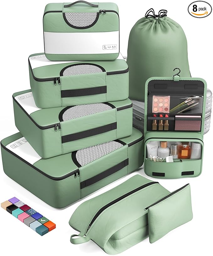 Veken 8 Set Packing Cubes for Travel Essentials, Suitcase Organizer Bags in 4 Sizes, Carry-On Luggage Accessories with Large Laundry & Hanging Toiletry Bag, Must-Have for Airplane, Road Trip & Camping