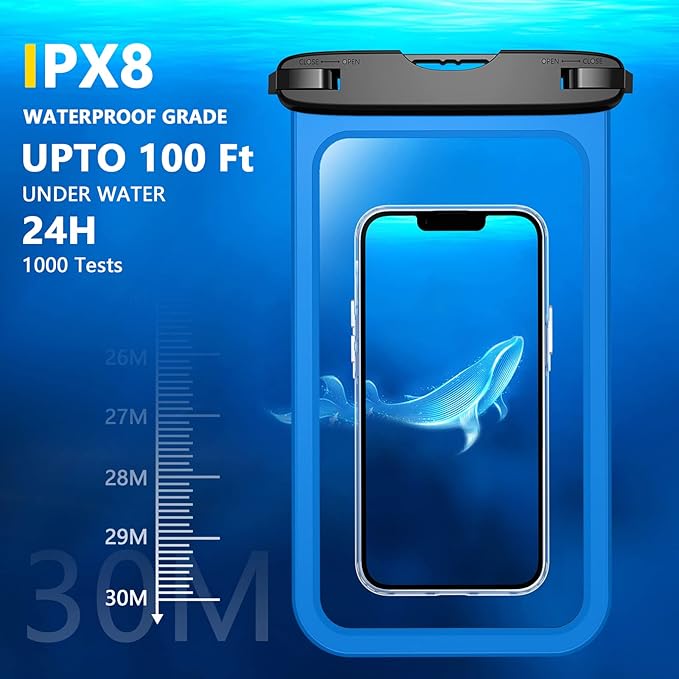 Temdan 2 Pcs Waterproof Phone Pouch, [Up to 10" Large] Universal IPX8 Waterproof Cell Phone Case Dry Bag with Lanyard for iPhone 16 Pro Max/16E/15/14/13,Galaxy S25 Ultra/S24/S23 for Vacation -Blue
