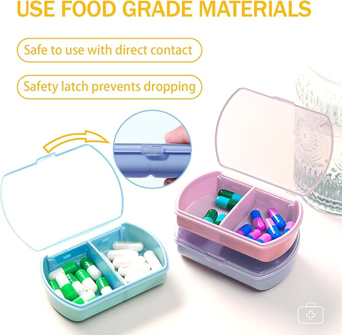 4PCS Small Pill Case Travel Pill Box Cute Pill Organizer for Purse Portable Daily Medicine Organizer 2 Compartment Pill Holder for Vitamins, Fish Oil, Supplements