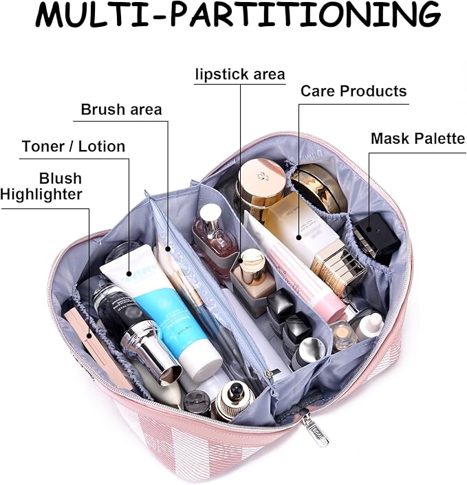 BOYATU Makeup Bag Travel Cosmetic Bag: 3 Pcs Set Portable Make up Bags for Women with Handle - Waterproof Vegan Leather Toiletry Organizer Bags with Comparments (F-03-Pink)