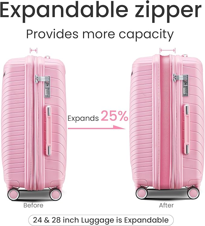 Campfun Luggage 4 Piece Sets, Expandable Carry On Luggage Set Hardshell PP, Suitcase Set with Double Spinner Wheels, Checked Durable Lightweight with TSA Lock, 14in 20in 24in 28in-Pink(B)