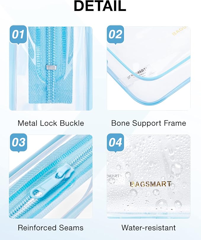 BAGSMART Clear Toiletry Bag, 2 Packs TSA Approved Water Resistant Quart Size Travel Organizer, Airport Airline Travel Essential Carry On Makeup Cosmetic Bags for Women, Blue