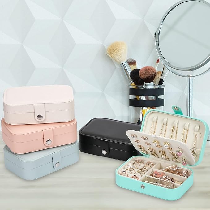 Travel Jewelry Box, PU leather Small Jewelry Organizer For Female Girls, double layer portable mini travel case for storing earrings, rings, necklaces.(green 2pcs)