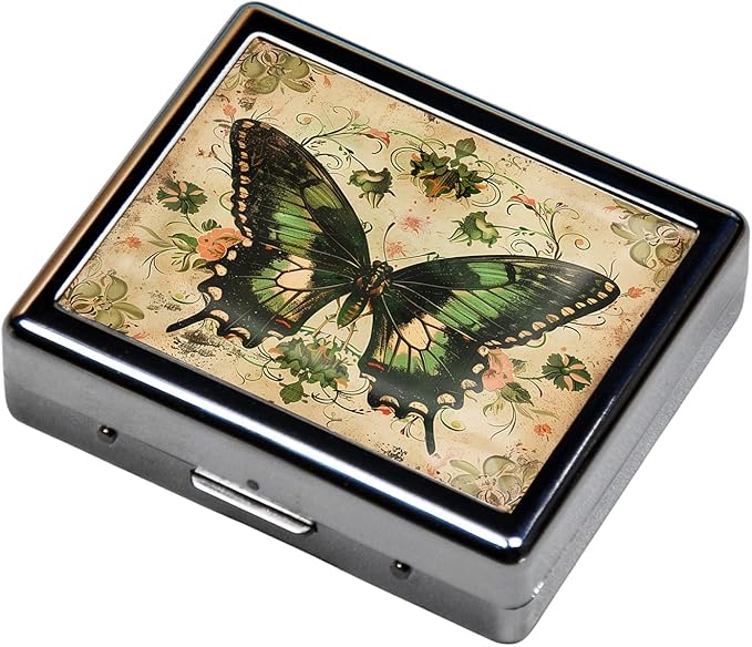 Cute and Portable Metal Pill Organizer – 8 Compartments, Elegant Chrome Finish, Ideal for Travel and Daily Use (Vintage Butterfly)