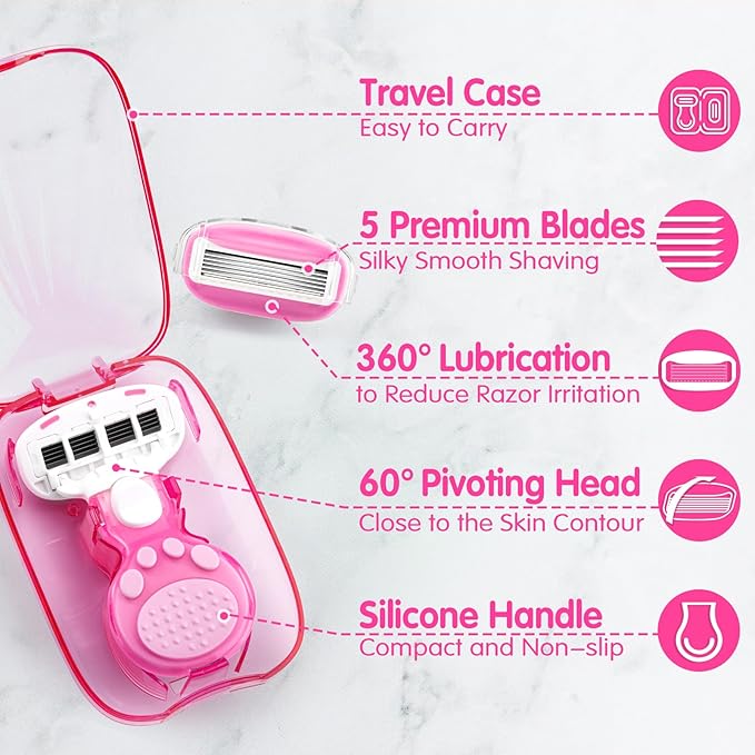 DreamGenius Travel Razors for Women Include 1 Handle and 5 Cartridges, Extra Smooth 5-Blade Travel Essentials Razor with Case for Shaving, Pink