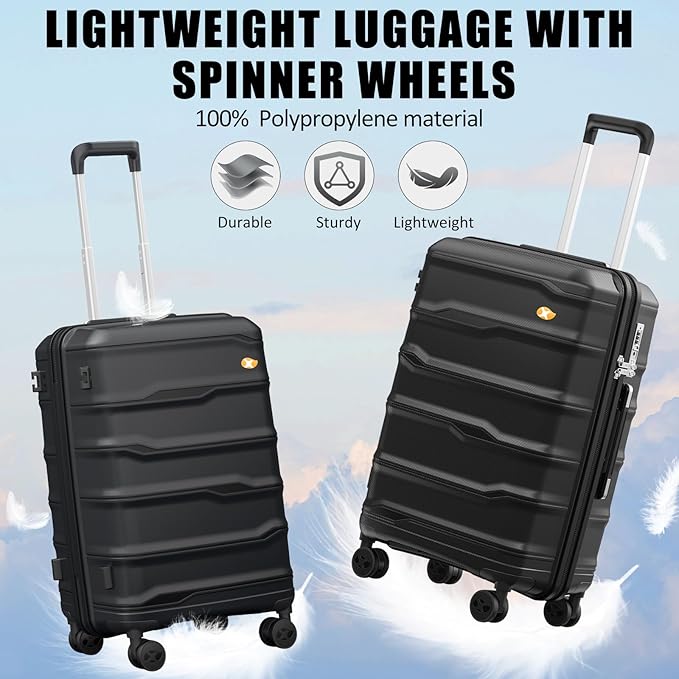 24 Inch Luggage with Spinner Wheels, Hard Shell Suitcase, Lightweight PP Luggages with TSA Lock, Checked-Medium Suitcases 24-Inch, Black